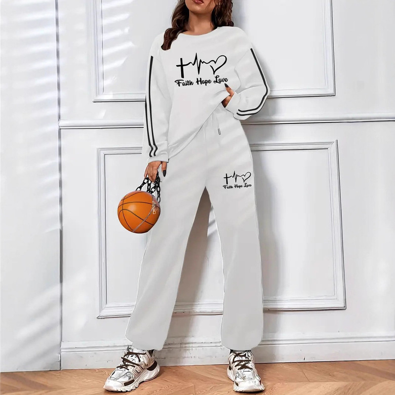 Cross-Border 2025 Women's Letter Print Thickened Jogger Suit Casual Versatile Two-Piece Set 9019 Print
