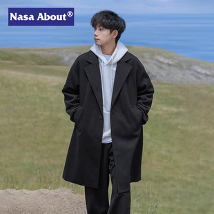 Nasa Black Mid-Length Woolen Windbreaker Men's 2024 New Spring, Autumn and Winter High-End Cotton Outwear Woolen Outwear
