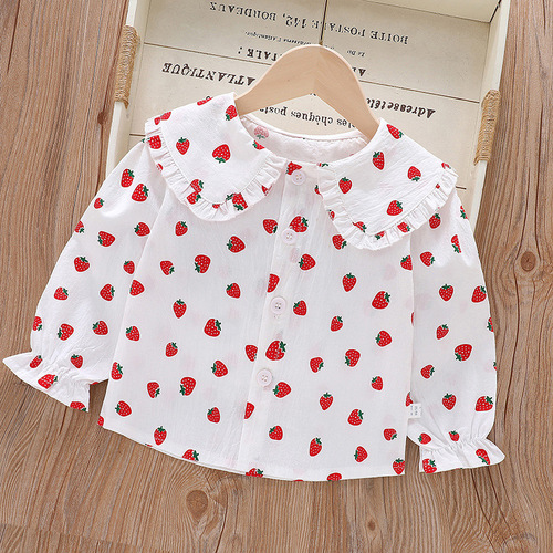 Girls' shirts 2024 new long-sleeved spring and autumn pure cotton lapel lace Korean style tops girls fashionable children's clothing