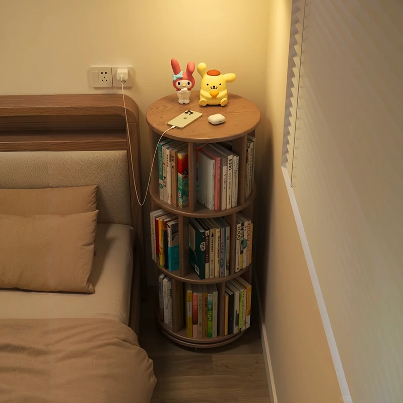 Estante giratorio de madera sólida de 360 grados integrado piso contra la pared móvil armario de almacenamiento estrecho cabezal de cama estante de esquina de almacenamiento