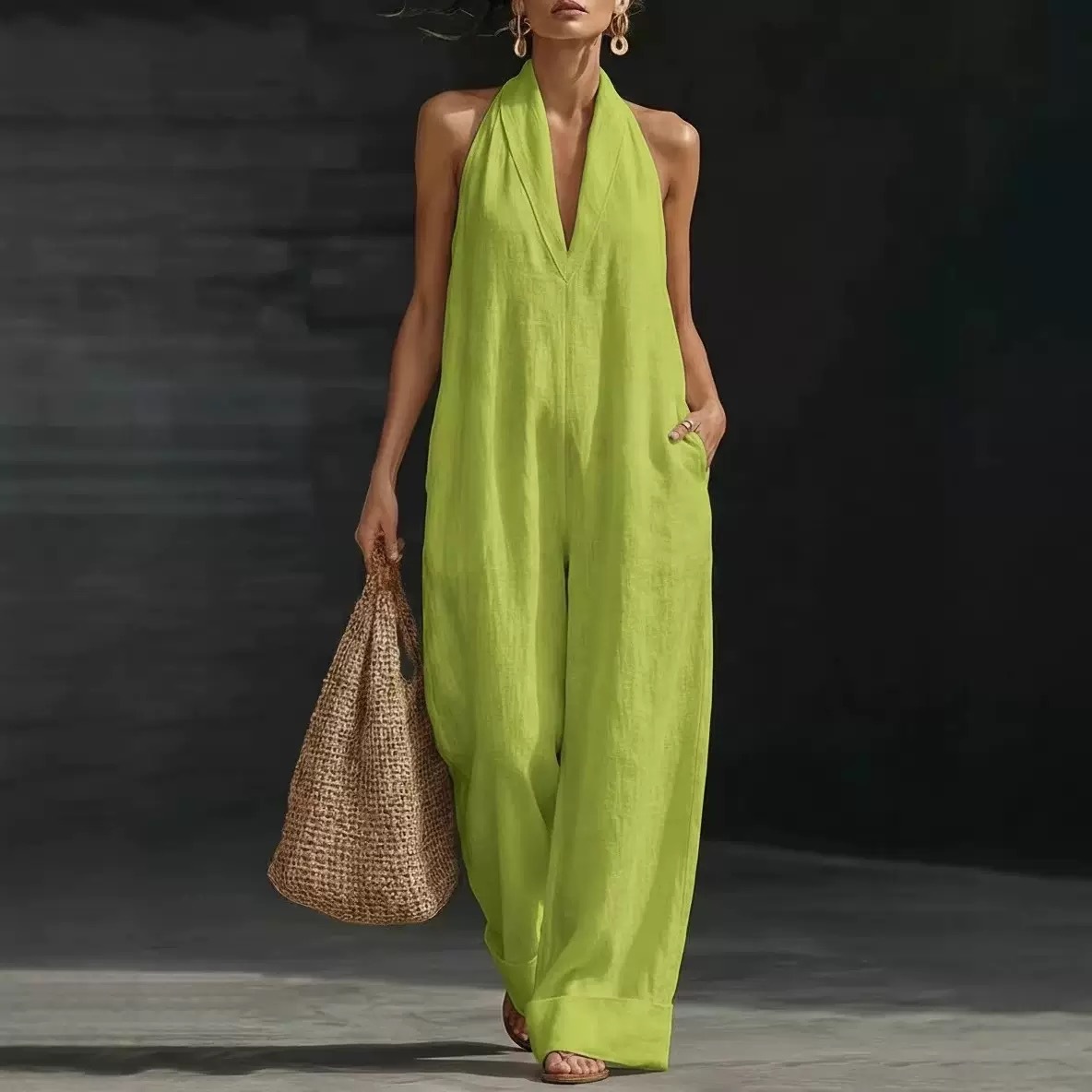 Summer Casual Solid Color Women's Jumpsuit Sleeveless V Neck_ecoleips.com