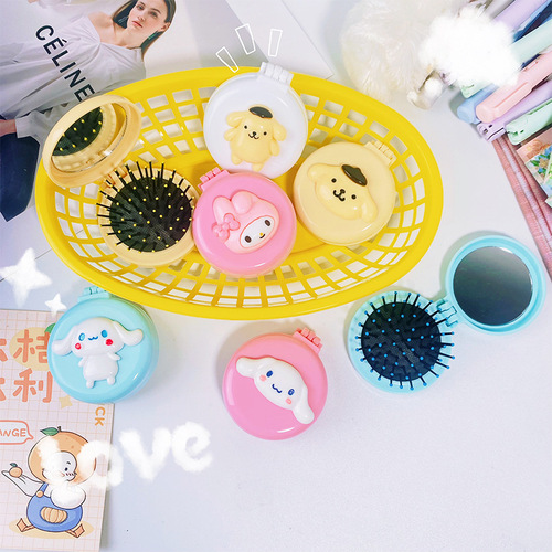 Cartoon Portable Folding Flip Airbag Comb with Makeup Mirror and Two-Purpose All-in-One Cute Comb for Girls