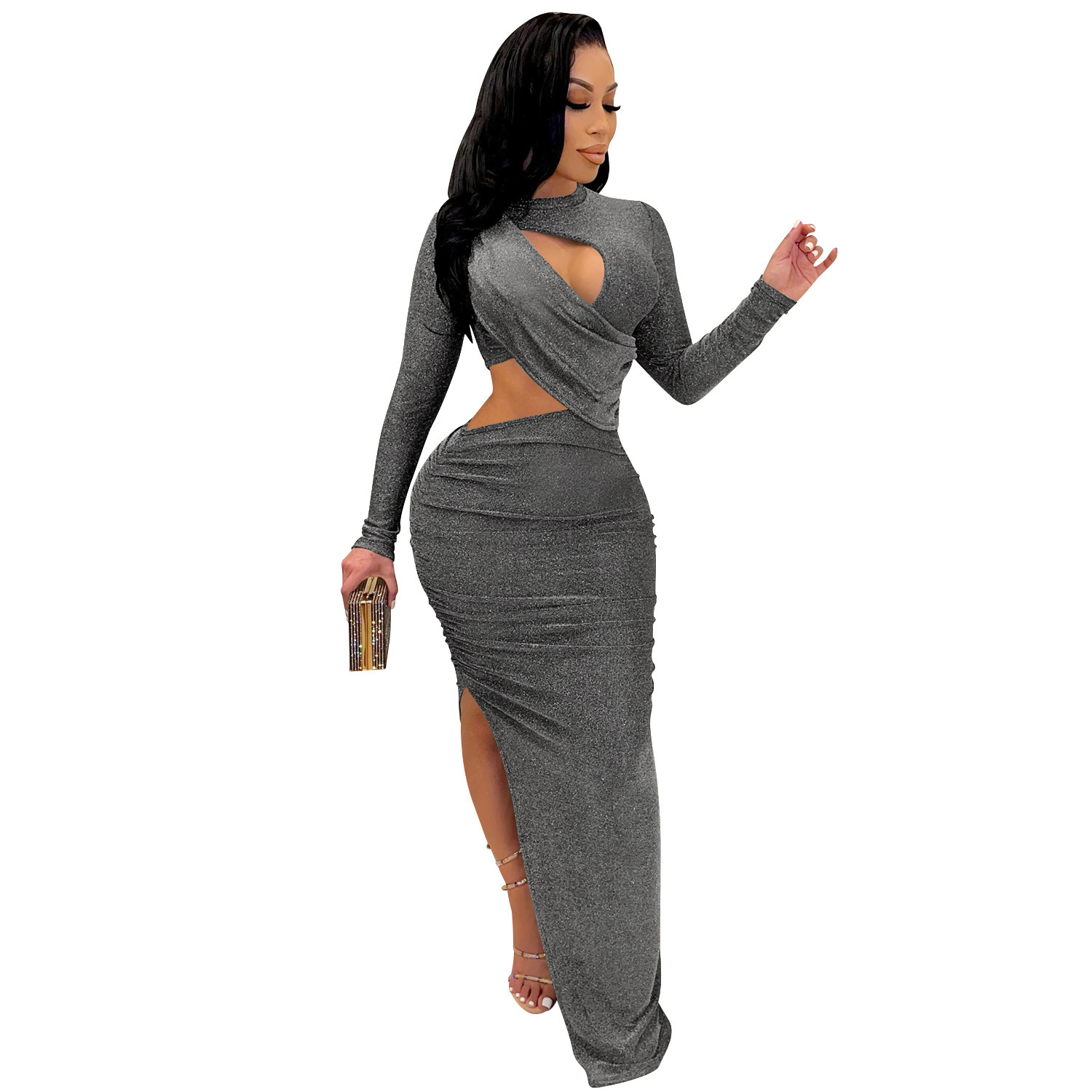 C5550 verano nuevo estilo europeo y americano Amazon moda transfronteriza manga larga sexy hueco vestido de mujer image 10