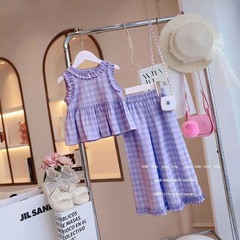 Summer Set for Girls 2024 New Arrival Korean Style Children's Little Girl Sleeveless Top Wide Leg Pants Striped Two-Piece Set Trendy