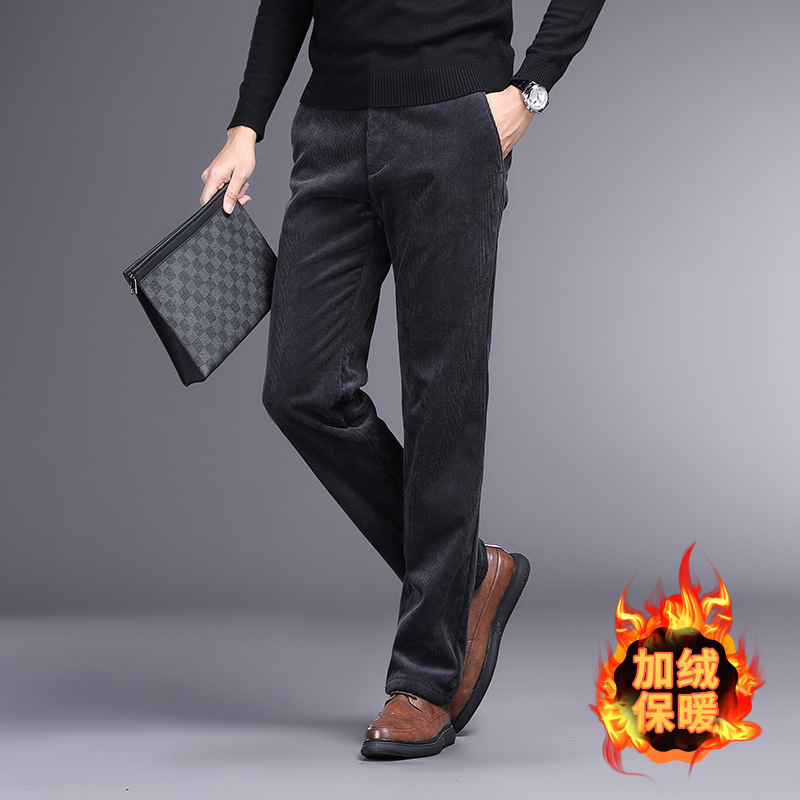 Pantalones casuales de negocios ligeros de pana de alta calidad pantalones de traje de otoño e invierno para hombres pantalones de hombre forrados de lana engrosados de mediana edad y ancianos