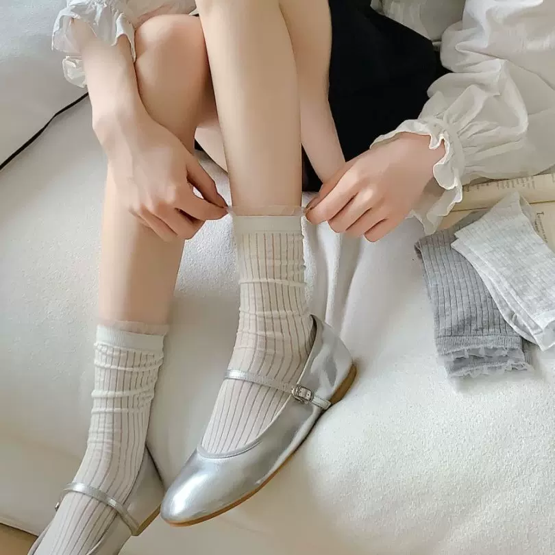 女士中筒袜春夏季超薄女袜透气吸汗无骨袜花边罗口ins潮流少女风
