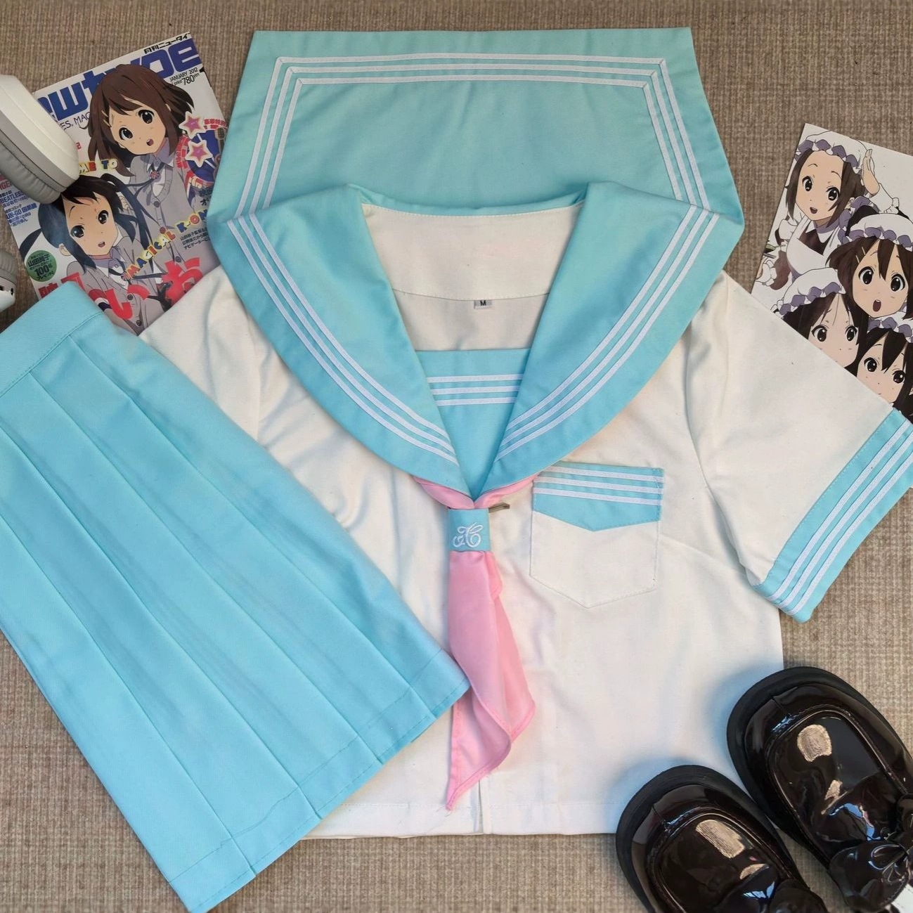 In-stock improved blue three-piece basic JK uniform set, preppy style A-line skirt, navy-style school uniform, long-sleeved sailor suit