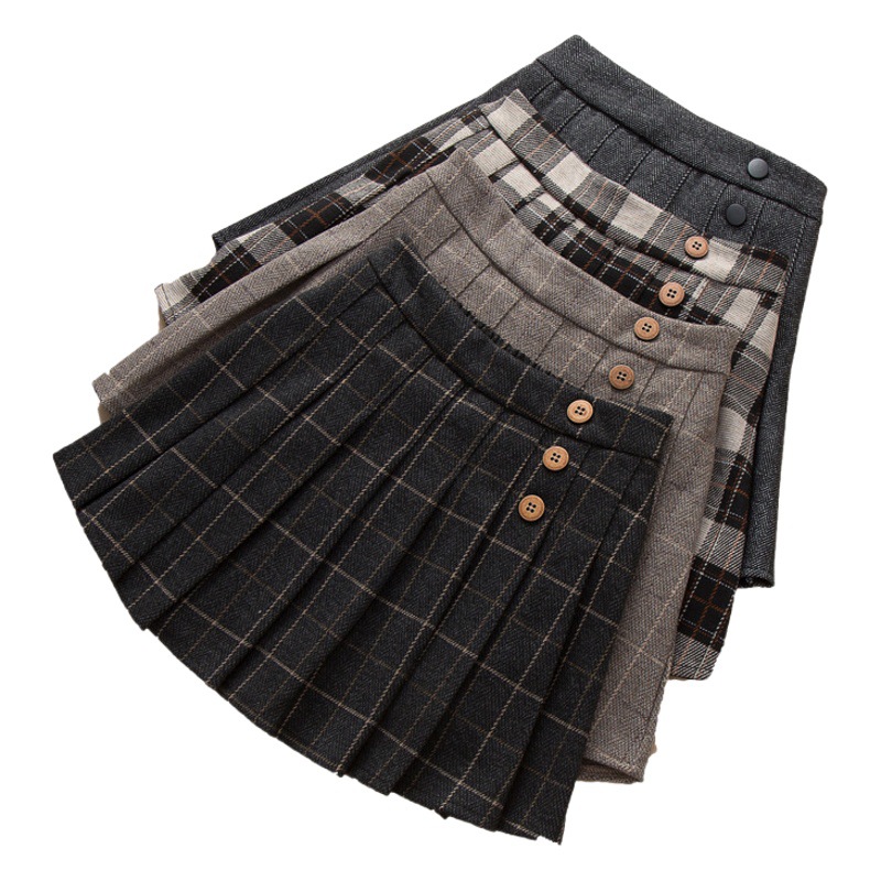 Falda de niñas 2023 Otoño e Invierno Nueva falda a cuadros anti-exposición JK Falda plisada falda de lana falda engrosada