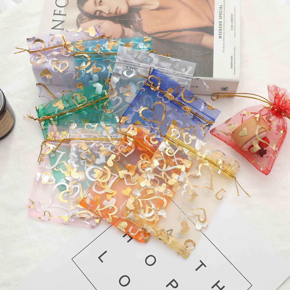 包邮烫金欧根纱网纱袋抽绳喜糖果礼品袋零食送礼包装袋束口纱网袋