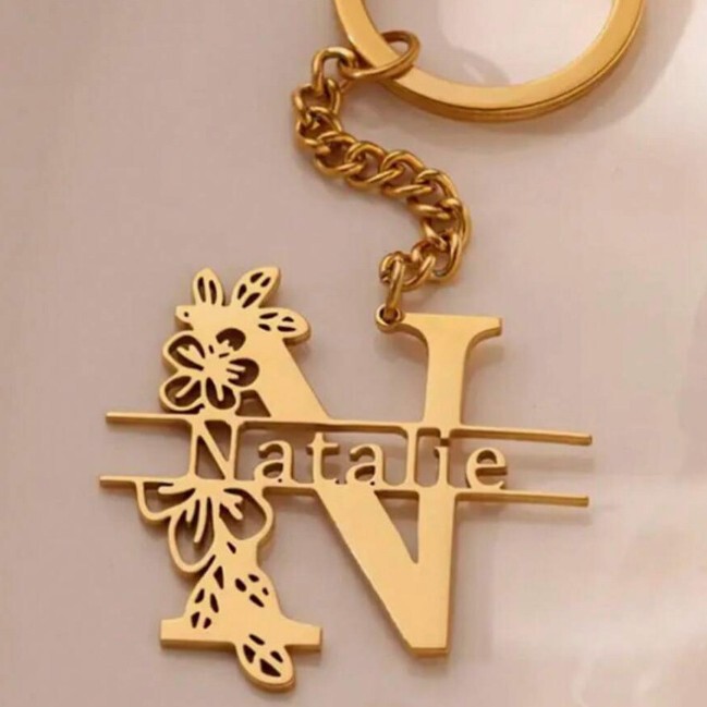 Custom Initials and Name Personalized Stainless Steel Keychain with Capital Initials Gift for Her