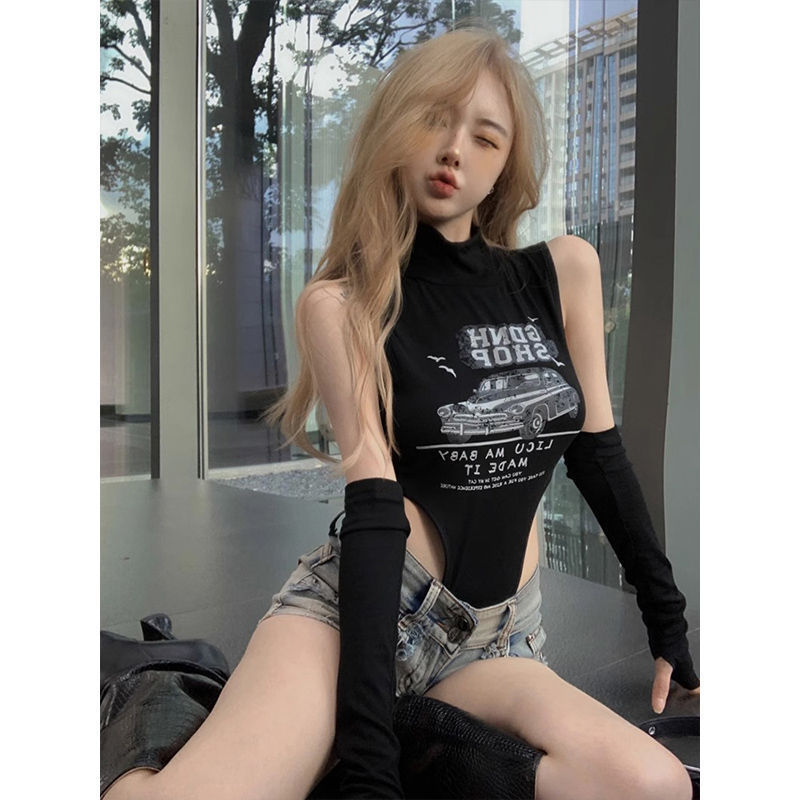 American-style sexy hot girl printed high waist inner top women's summer half turtleneck slim hollow sleeveless one-piece vest