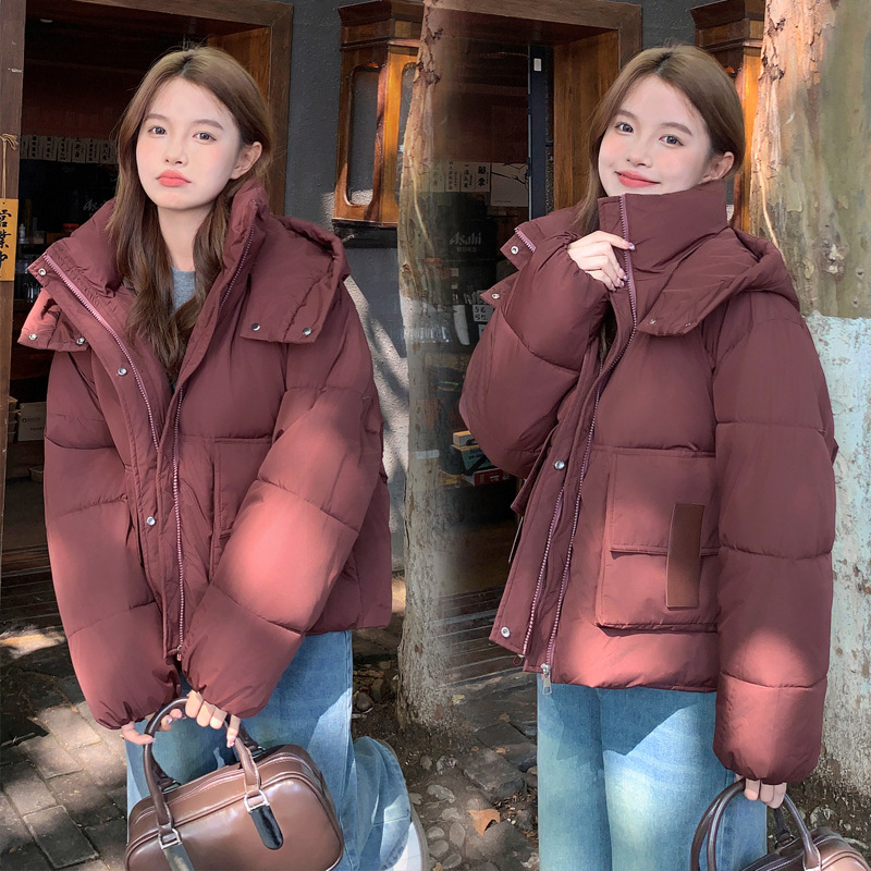 Ropa de algodón de mujer corta con capuzas gruesa ropa de pan de algodón coreano todo-completo suelto de bolsillo de mujer estereoscópico chaqueta de algodón caliente