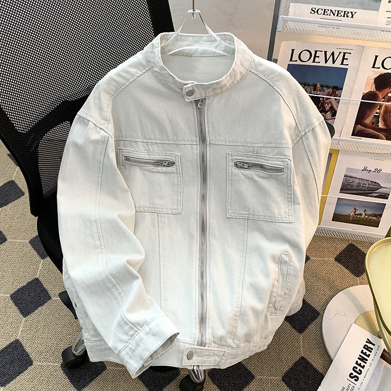 2025 New Style Washed Old Deconstructed Denim Jacket with Vertical Collar Men's American Style Design Sense Canvas Zipper Jacket Trendy 2025 New Style Washed Old Deconstructed Denim Jacket with Vertical Collar Men's American Style Design Sense Canvas Zipper Jacket Trendy