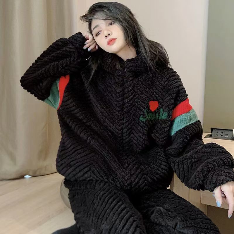 여성용 산호 벨벳 잠옷, 가을 겨울 겉옷, 두꺼운 플란넬, 여분의 지방, 느슨한 300파운드 가정복 세트