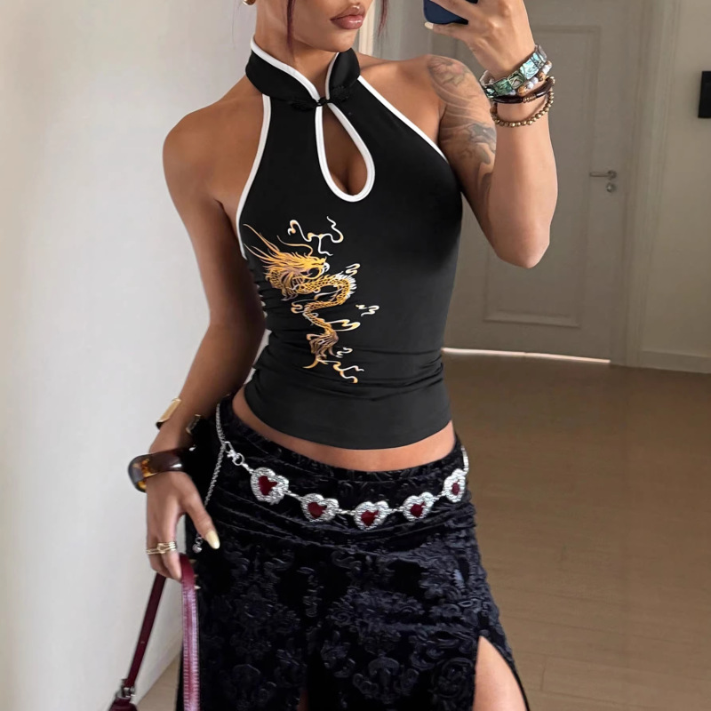 2026 National Trend Gold Dragon Print Halter Neck Slim Fit Cheongsam Collar Women's Waist-Cinching Top Wholesale