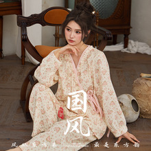 和服式睡衣纯棉双层纱布女春秋季夏天薄款长袖系绳碎花家居服套装