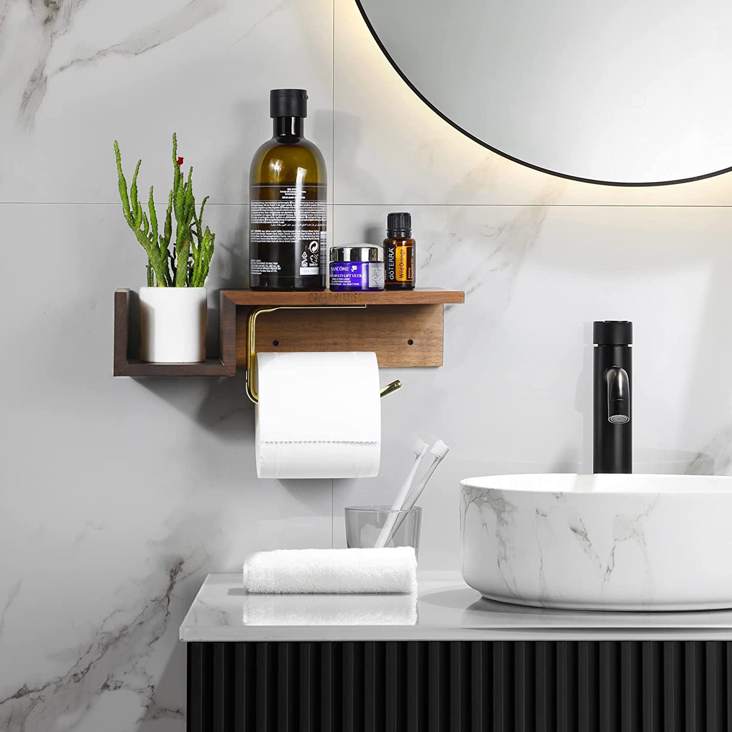 木质黑胡桃厕所置物架带手机架浴室卫生纸架壁挂式卫生纸卷架