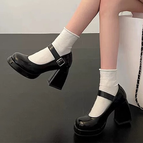 French High-Heeled Mary Jane Shoes for Women, Waterproof Platform, Thick Heels, High Heels, One-Strap Flats, Fat Feet, Wide Feet, Large Size Women's Shoes