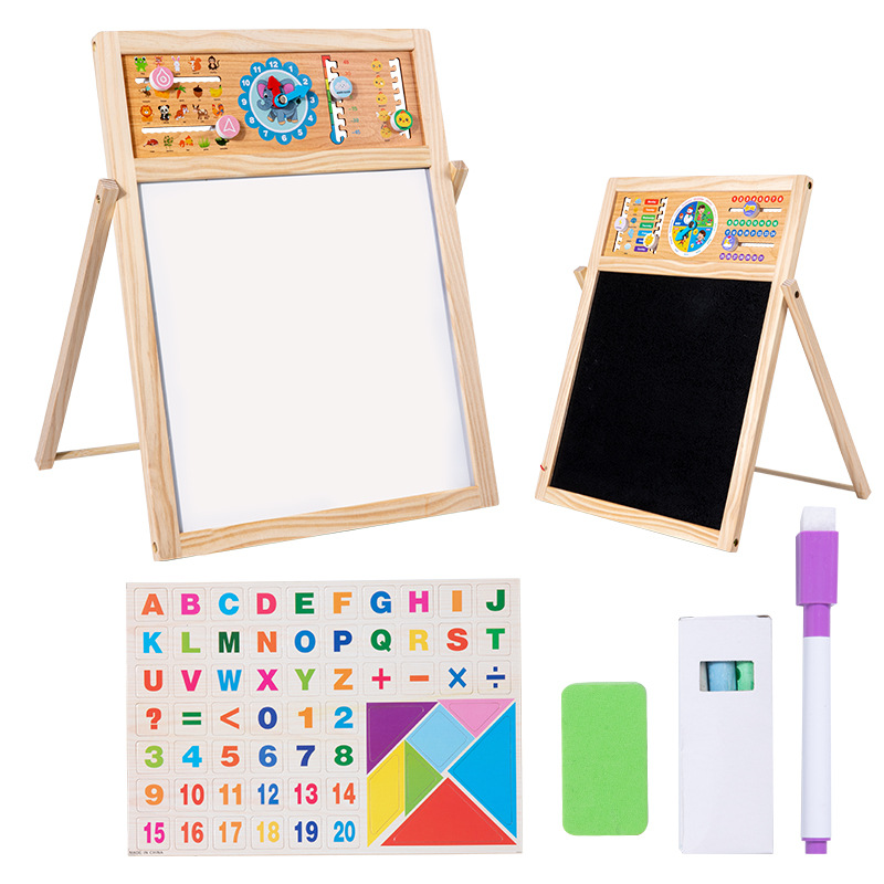 Niños de madera multifuncional aprendizaje matemático cálculo dibujo alfabeto clima cognitivo juguetes de madera soporte de doble panel