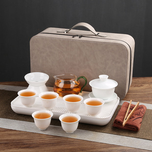 Dehua white jade porcelain portable travel kung fu tea set tea tray suit outdoor home company meeting gift hand gift
