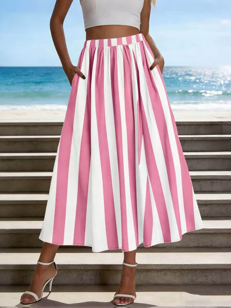 Women's Spring/Summer Striped High-Waisted Ankle-Length Skirt A-Line Elastic Waist Flowing Skirt Beach Vacation Ankle-Length Skirt