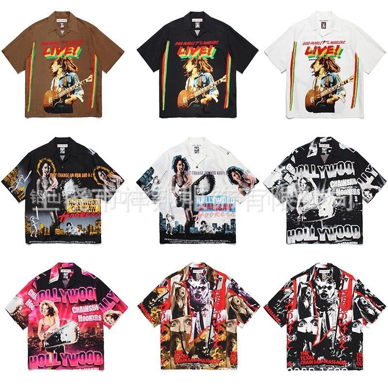 Hollywood Chainsaw Massacre Printed Short-Sleeved Shirt, Japanese Trendy Brand, Loose-Fitting Hawaiian Resort Style Shirt for Men and Women Hollywood Chainsaw Massacre Printed Short-Sleeved Shirt, Japanese Trendy Brand, Loose-Fitting Hawaiian Resort Style Shirt for Men and Women