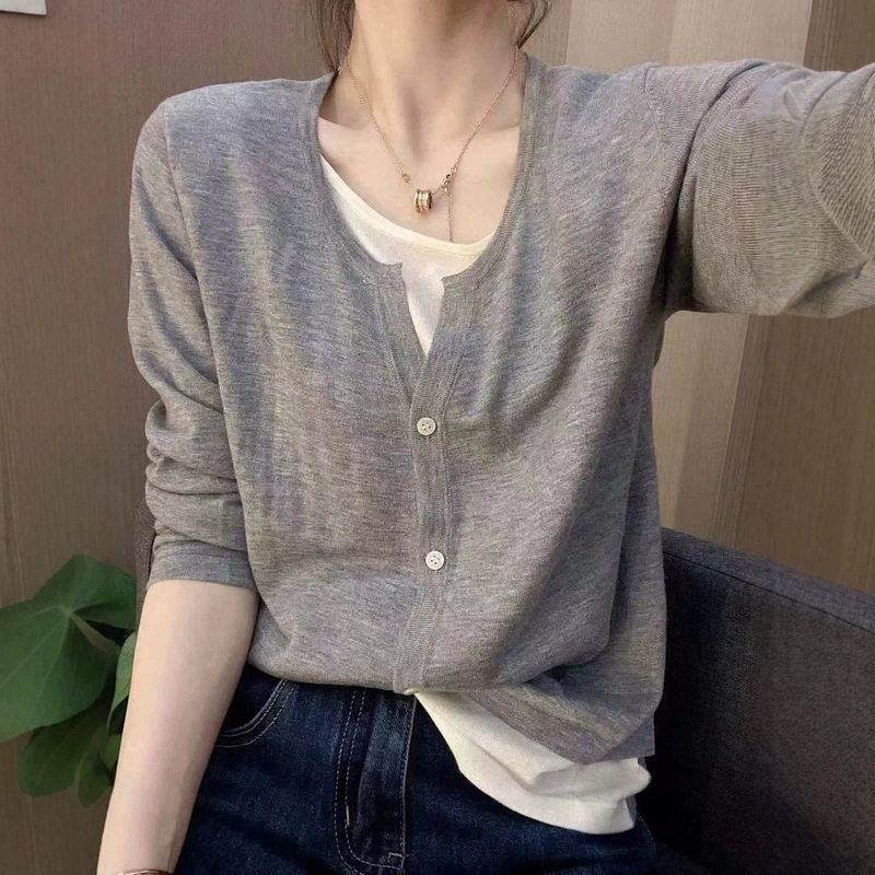 Charcoal Gray Fine 26-Gauge Custom-Woven - Soft-Touch Fine Wool Faux Two-Piece Patchwork Sweater Cardigan