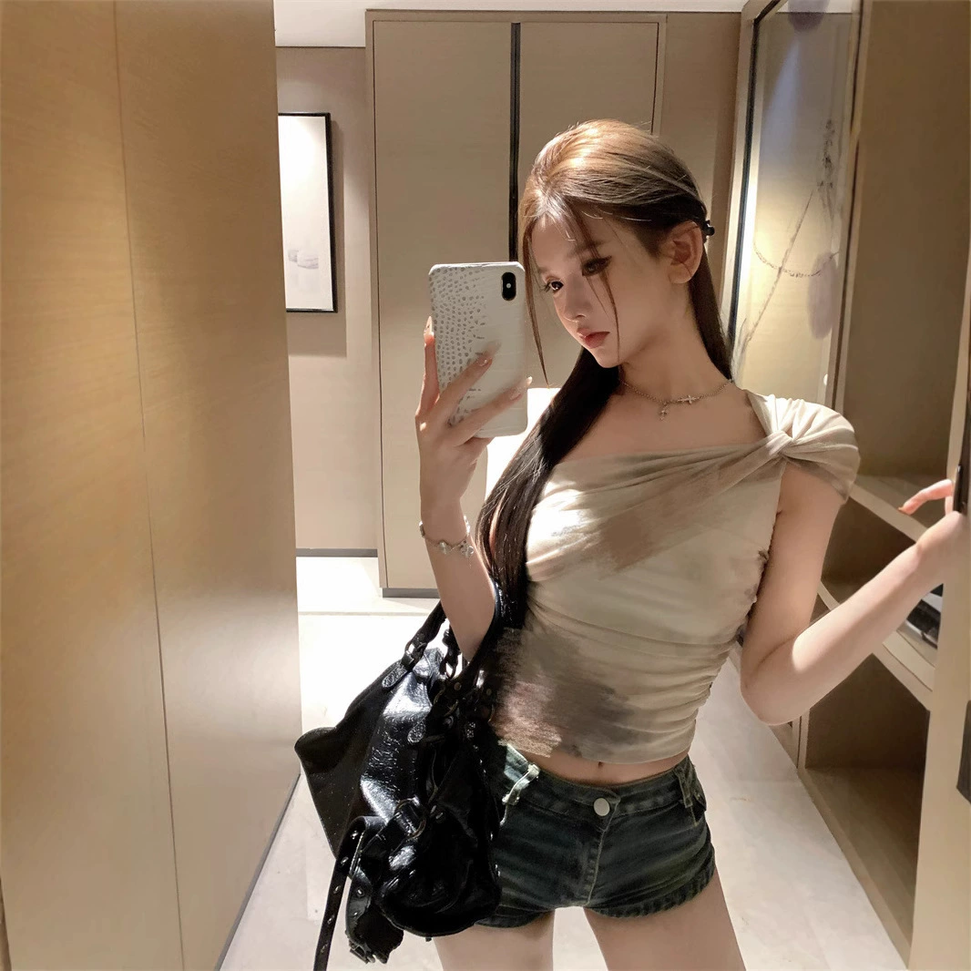 Design summer short fitted T-shirt, trend of season, open shoulders