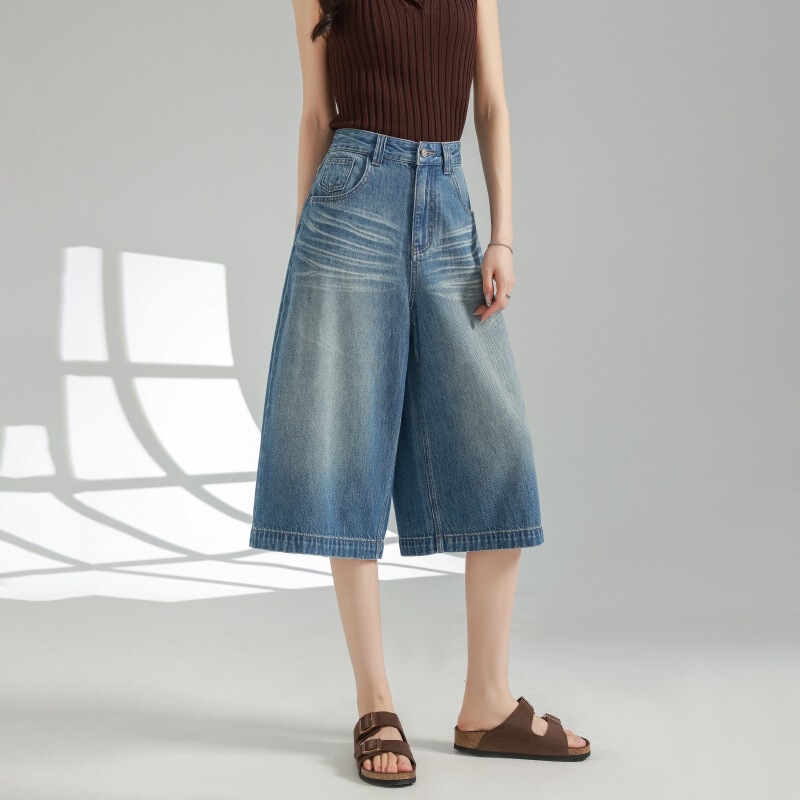 Coolmei Pai 26 Summer Selection Blue Tencel + Natural Hemp Seven-Quarter Wide-Leg Jeans Ultra-Thin Lightweight Women's Jeans