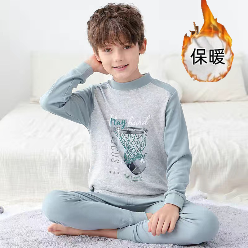 青少年男孩秋冬季长袖长裤磨毛薄绒圆领套头打底衫睡衣套装中大童