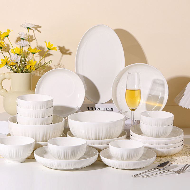 Pure White Ceramic Tableware 2024 New Nordic Embossed Dishes suit Household Tableware Factory Marigold Series