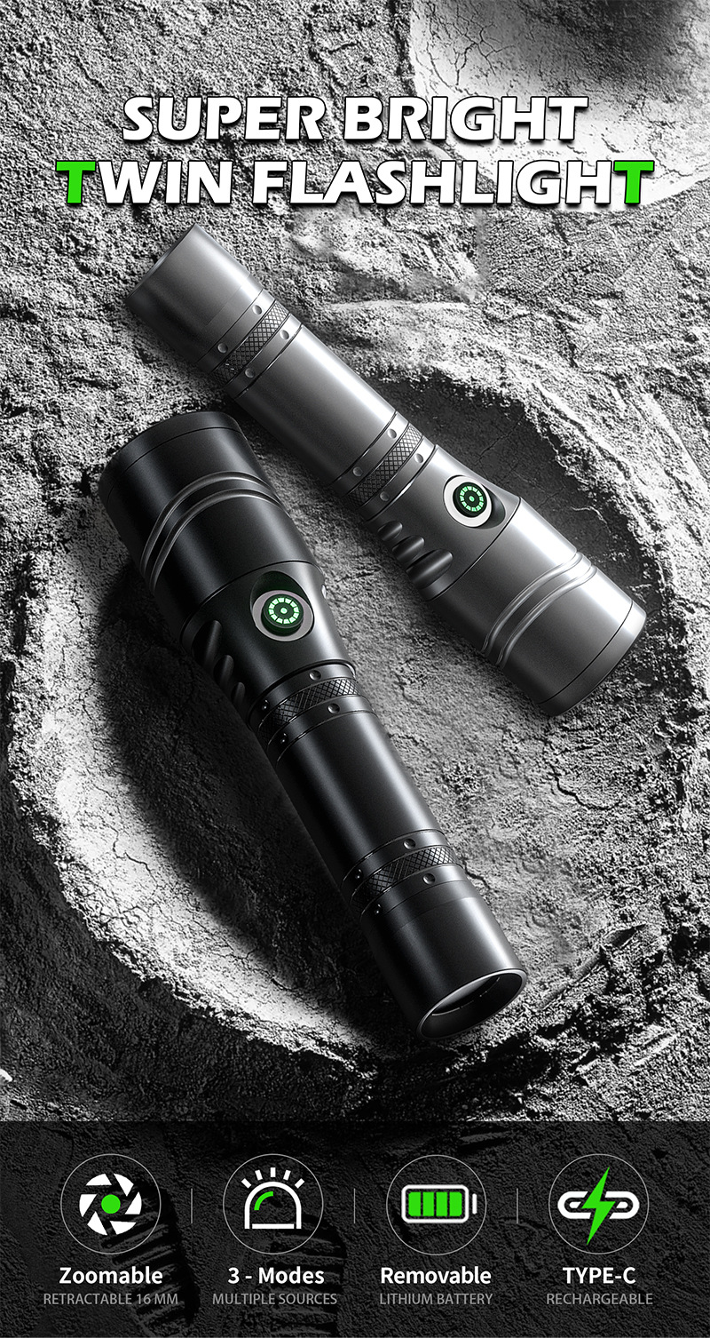 Super Bright Led Aluminum Alloy Flashlight, USB Rechargeable Spotlight with Zoom Function, Large Capacity Battery