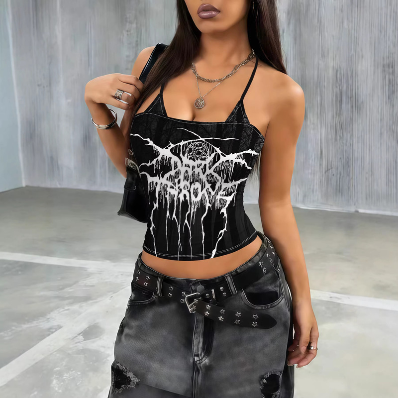 European and American Gothic Style Trendy Printed Dark Fashion Basic Camisole with Beautiful Back Design, Slimming and Sexy Tank Top