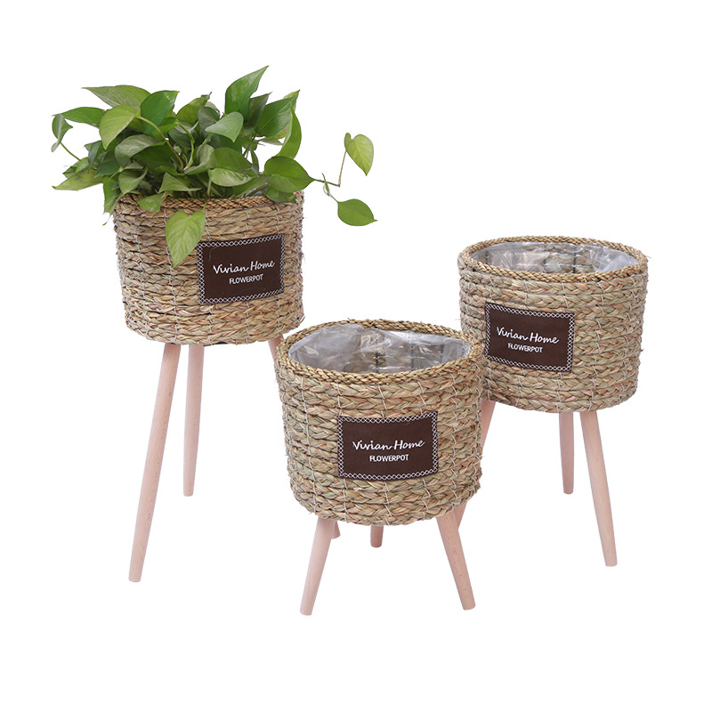 Piso de La Flor soporte de madera pierna piso flor soporte tejida flor olla sala de estar balcón decoración flor cesta paja tejido piso soporte