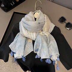 東大門夏の新作レトロチェック柄旅行写真撮影用日焼け止め綿麻スカーフ女性用ロング丈日よけショールシルクスカーフ
