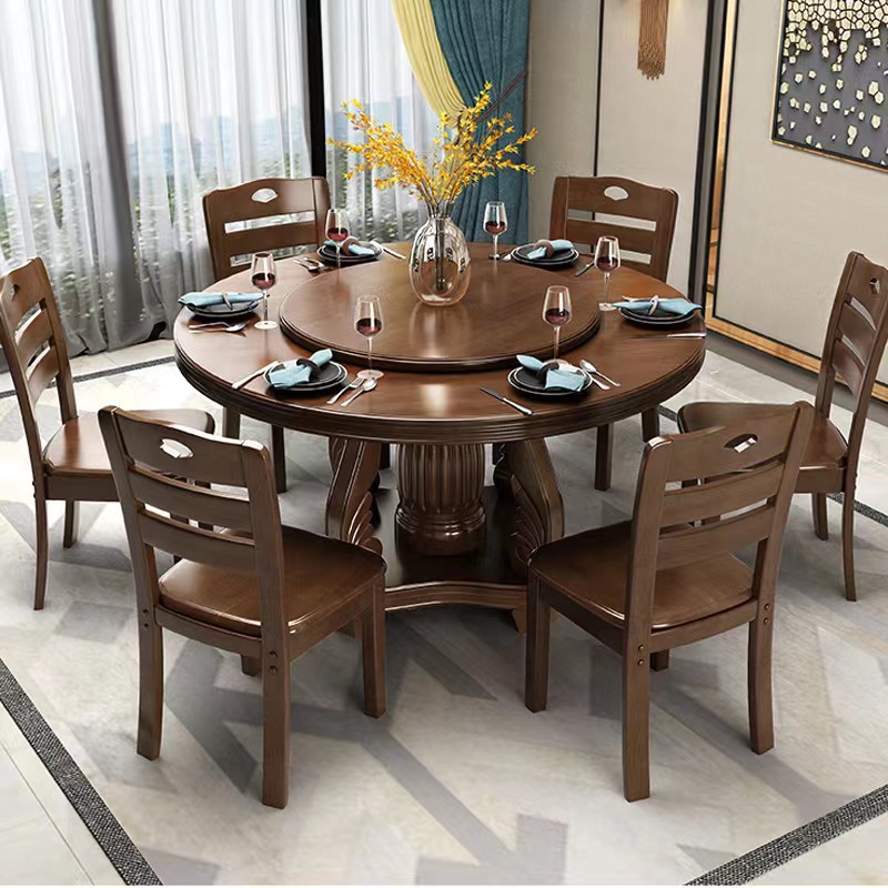 Modern Chinese simple round table dining table chair with turntable household dining table round table solid wood dining table and chair combination