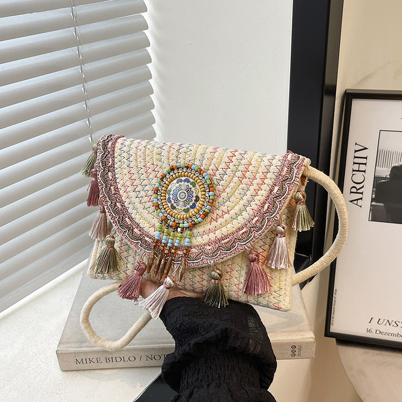 Storage Basket Bag, Rattan Handbag, Woven Shoulder Bag, Handmade Natural Rattan & Seagrass, Leather Trim, Eco-Friendly, Lightweight, Durable For Daily_voghion.com