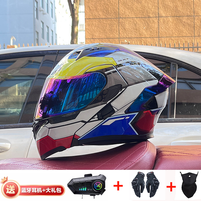 Casco de exposición Orz para hombres y mujeres invierno Doble espejo coche eléctrico semi-Casco completo cola de color coche deportivo ranura Bluetooth cuatro estaciones casco