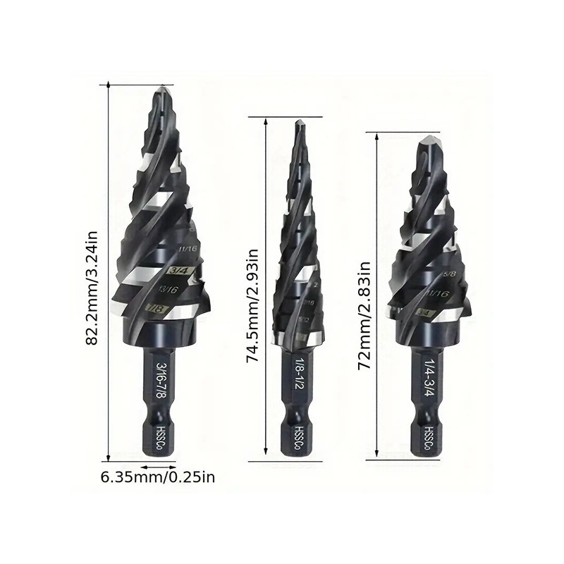 四螺旋槽阶梯钻头套装5PCS 1/8"-1-3/8" 1/4"3/8"高速钢金属钻头|undefined