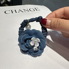 藍色牛仔山茶花發圈法式小香風花朵頭繩高級感橡皮筋珍珠甜美髮飾
