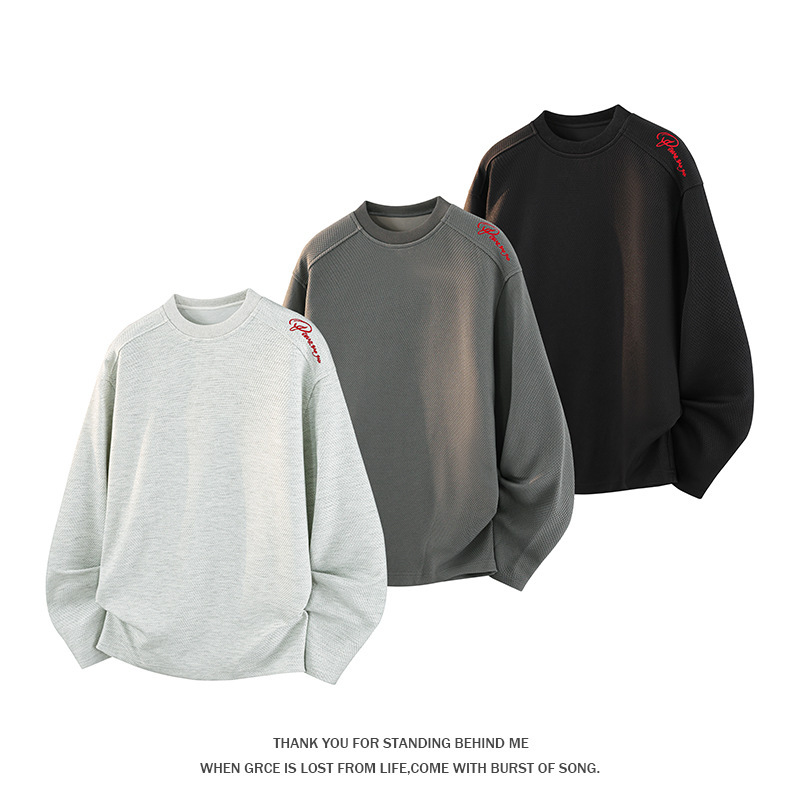 2026 New Honeycomb Pattern Embroidered Round Neck Long Sleeve Sweatshirt for Men, Loose Fit, American Street Style, Versatile Spring and Autumn Base Shirt 2026 New Honeycomb Pattern Embroidered Round Neck Long Sleeve Sweatshirt for Men, Loose Fit, American Street Style, Versatile Spring and Autumn Base Shirt