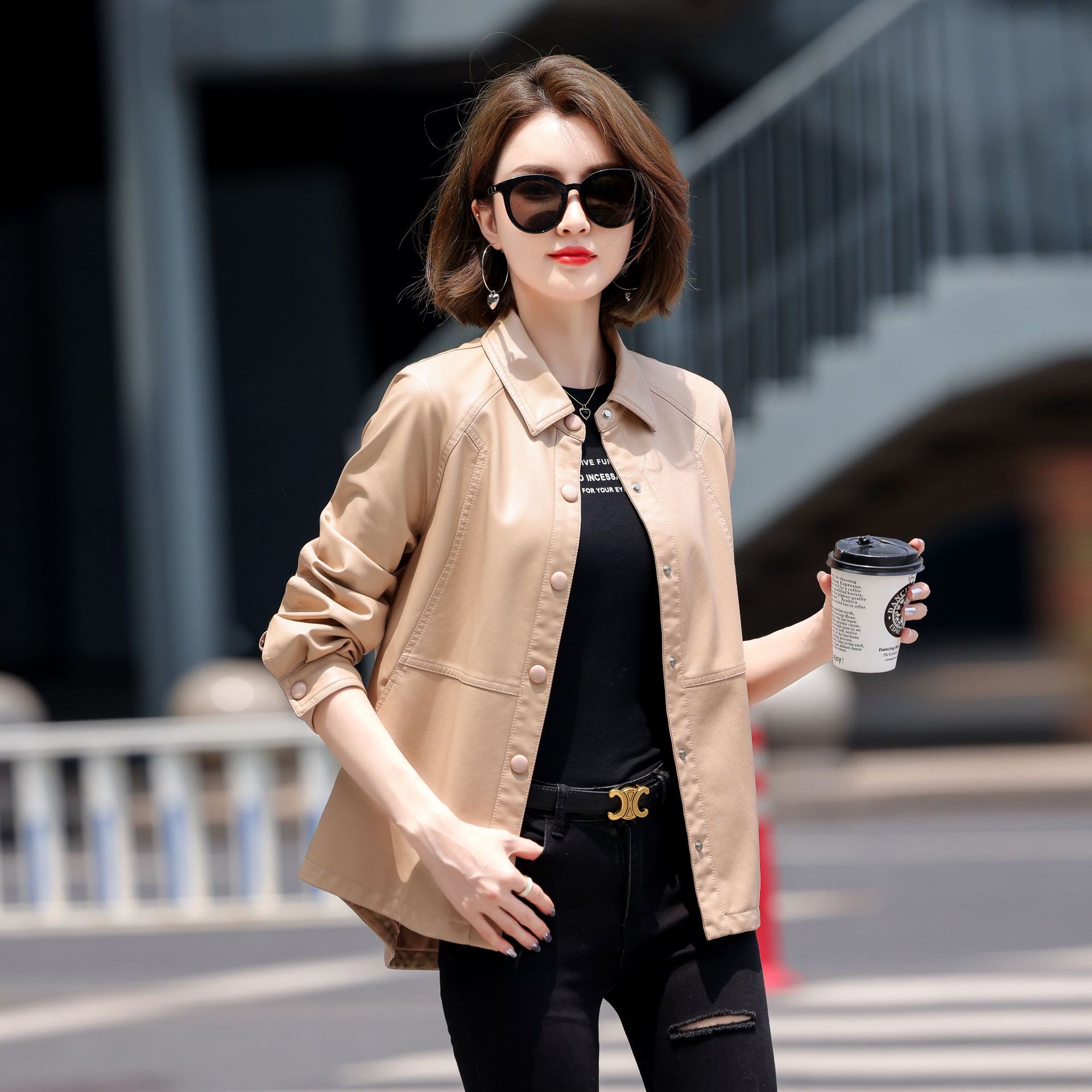 休闲皮衣外套女2024春装韩版翻领时尚百搭机车服水洗绵羊皮夹夹克