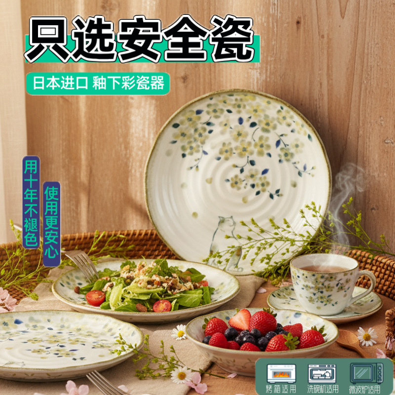 Round New Style Japanese Imported Plate Dish for Home Use, Hanamiya Cat Ceramic Tableware, Japanese Underglaze Deep Plate Dish