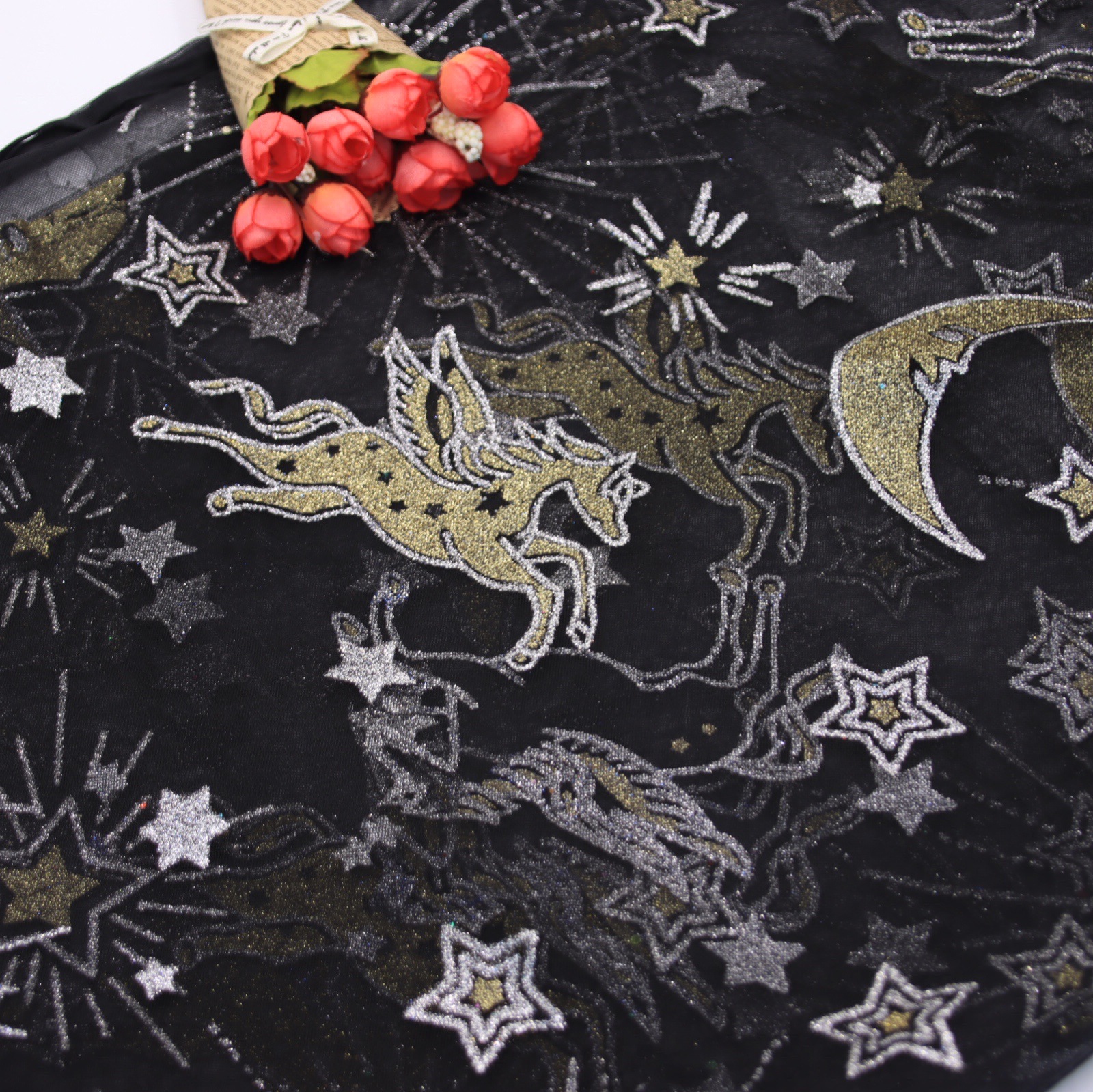 2021 网纱网布小马星星印粉金银色闪粉 舞台装童装多色可定制