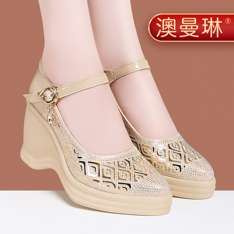 Wedge Rhinestone Flats 2025 New Style Soft-Soled Thick-Soled Waterproof Platform Buckle Comfortable Breathable Buckle High Heels