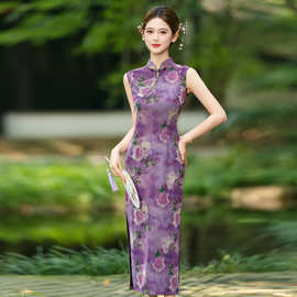 温柔香芋紫牡丹花无袖长款旗袍少女复古通勤约会新中式气质连衣裙