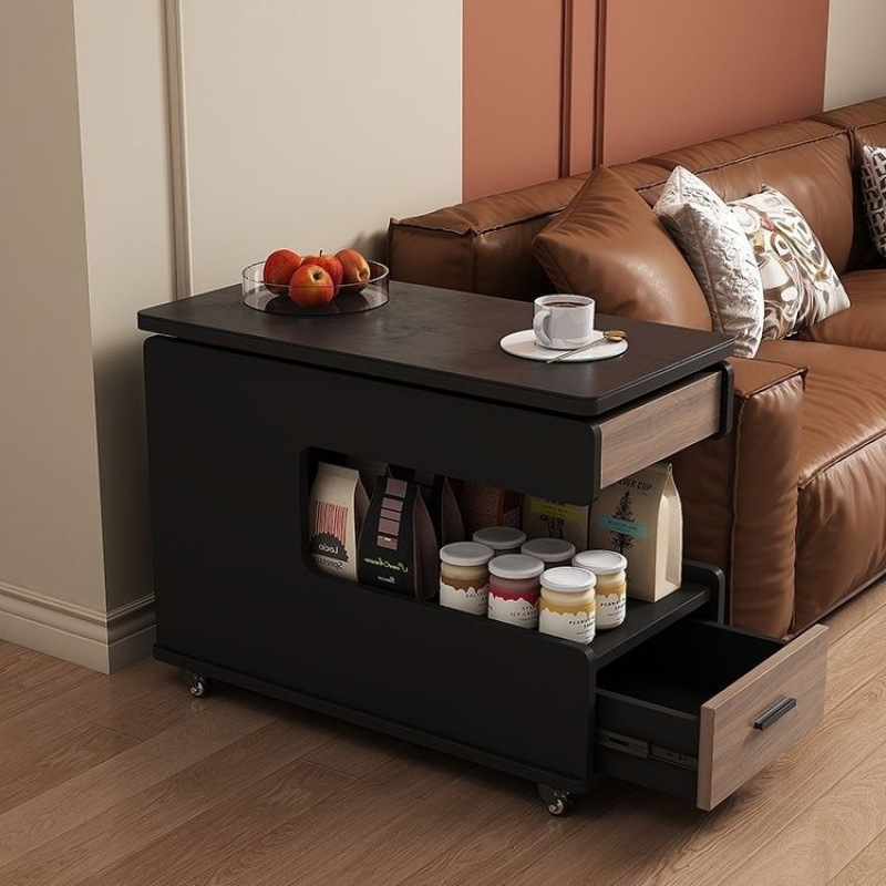 Multifunctional Solid Wood Lift Side Table Mobile Sofa Side Cabinet Small Apartment Coffee Table Liftable Rotating Corner Table Side Cabinet