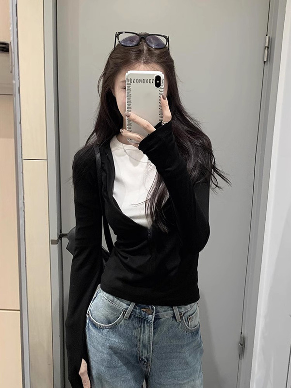 独特假两件上衣早秋冬季撞色辣妹长袖T恤女拉链款小众设计打底衫|undefined