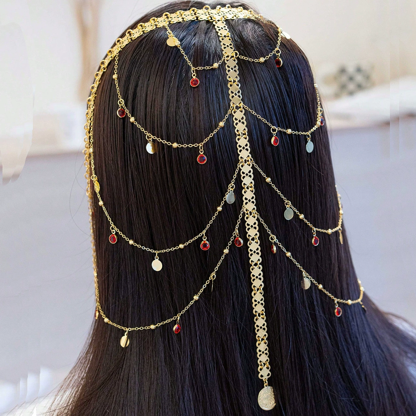 Самые продаваемые аксессуары для волос Amazon, цепочка в стиле ретро, ​​многослойный металлический диск, головной убор с кисточками, длинные женские аксессуары для волос в экзотическом стиле, повязка на голову