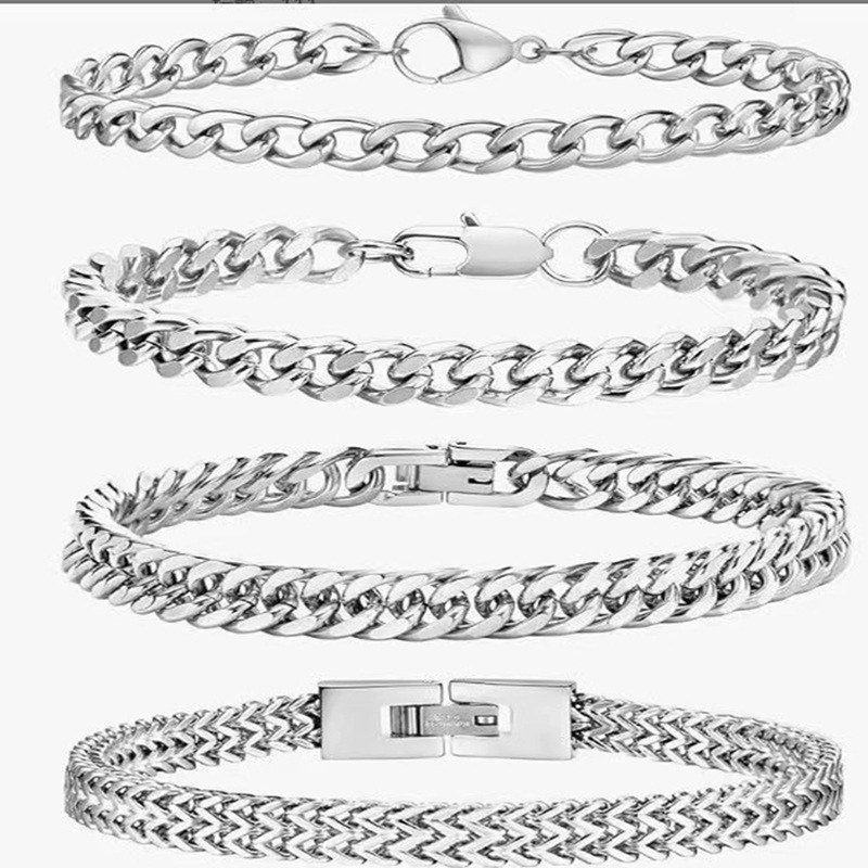Amazon Explosive Four-piece Men's Figaro Cuban Bracelet Simple Four-sided Milled Chain Jewelry Deduction Two-piece Set